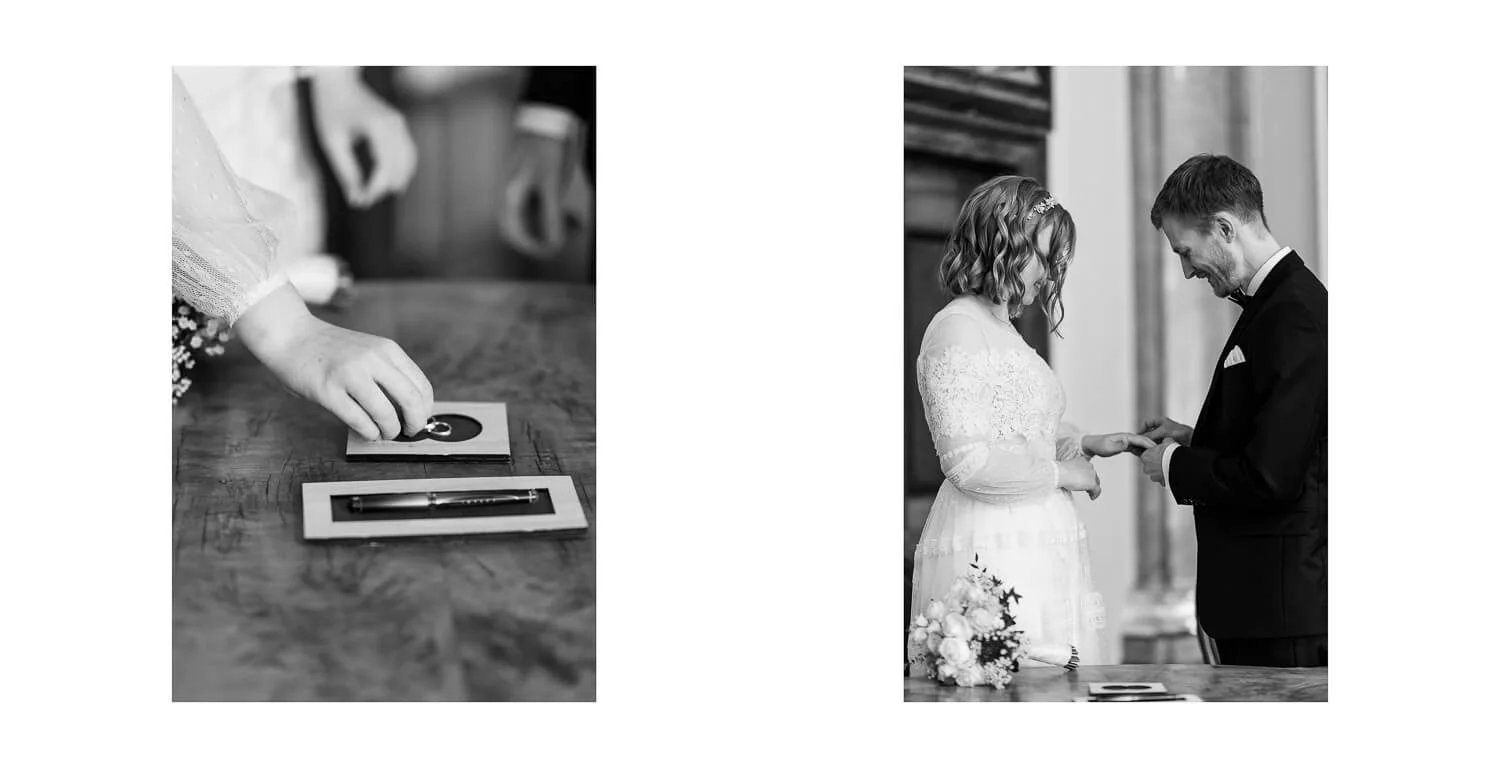 Ringtausch bei der standesamtlichen Trauung im Kaisersaal des Klosters St. Mang in Füssen