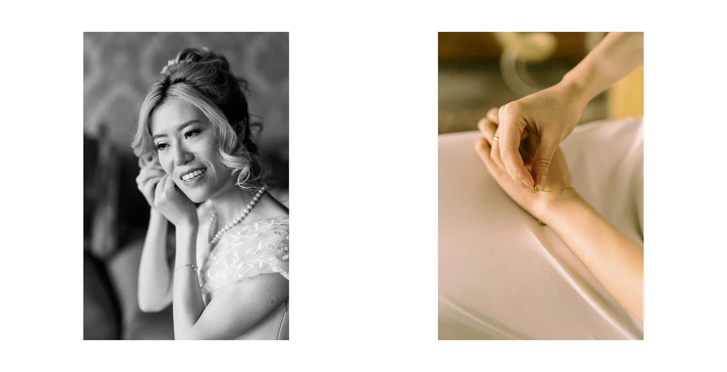 Braut beim Getting Ready im Hotel König Ludwig in Schwangau, Detailaufnahme beim Anlegen von Schmuck