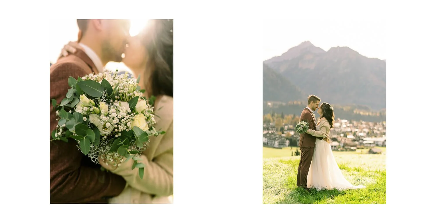 Brautstrauß und Paar beim First Look vor der Bergkulisse in Oberstdorf