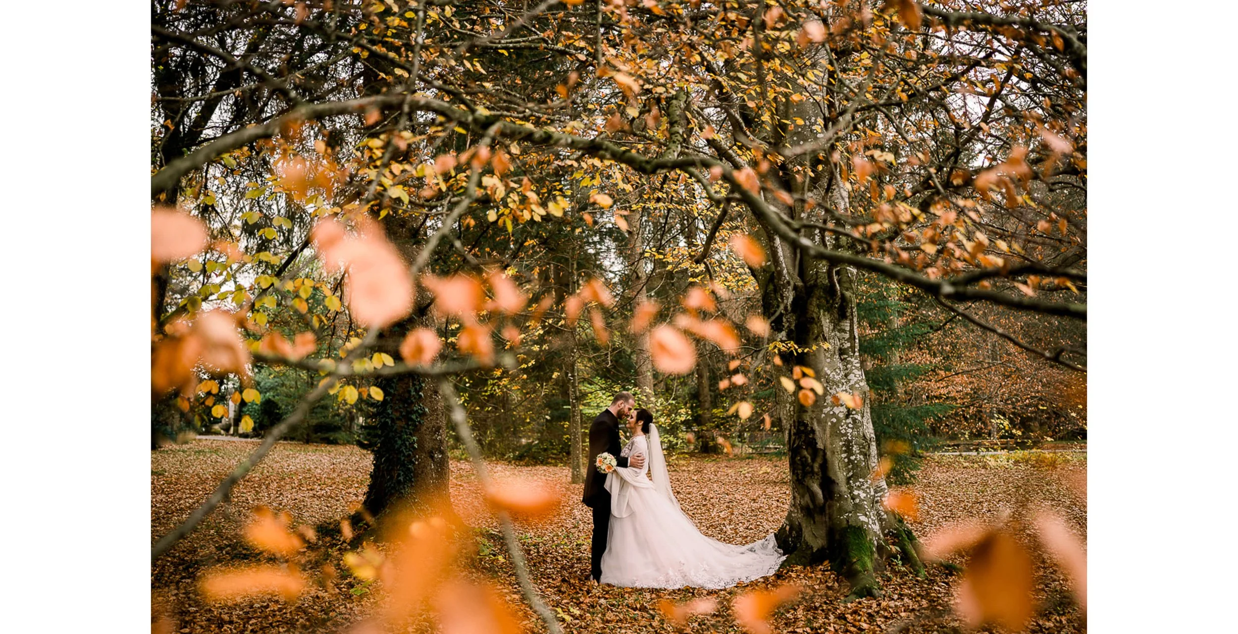 Hochzeit Bad Woerishofen Herbst Brautpaar Fotoshooting Kurpark Baeume Wald