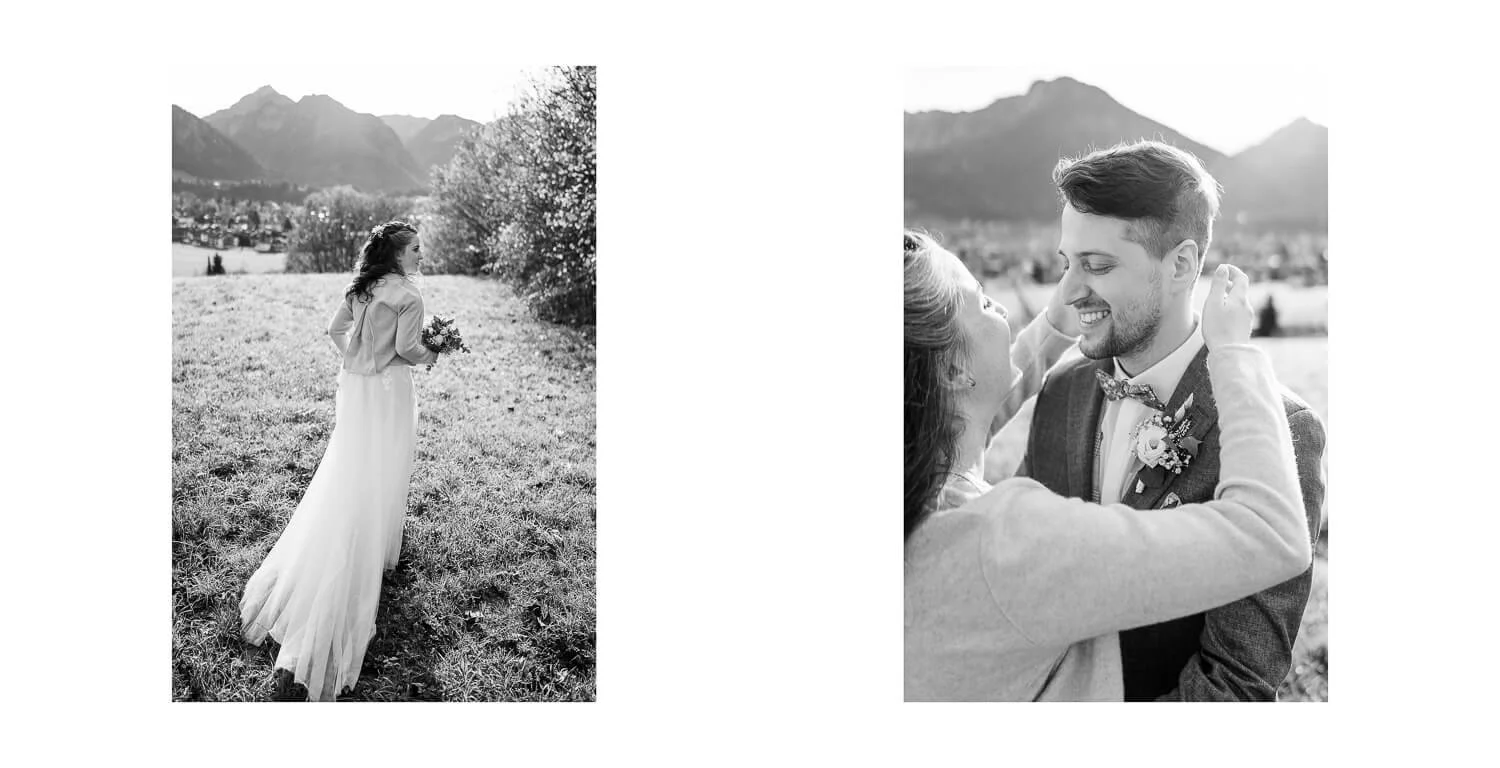 Braut und Bräutigam beim First Look vor der Bergkulisse in Oberstdorf