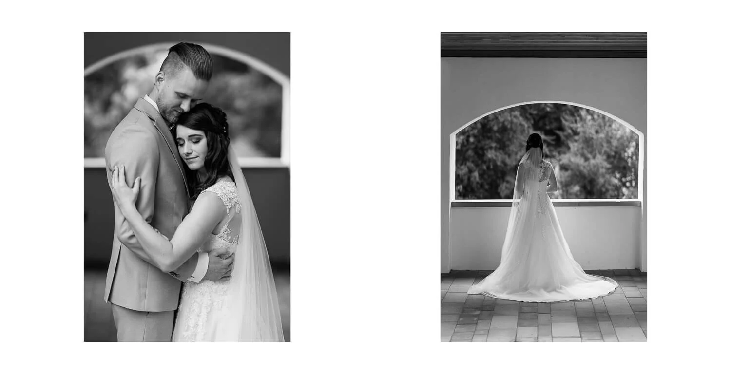 Schwarzweißes Brautpaarshooting im Kloster Irsee: innige Umarmung des Brautpaars im Arkadengang und Braut allein am Rundbogenfenster, ruhige Atmosphäre und klare architektonische Linien.