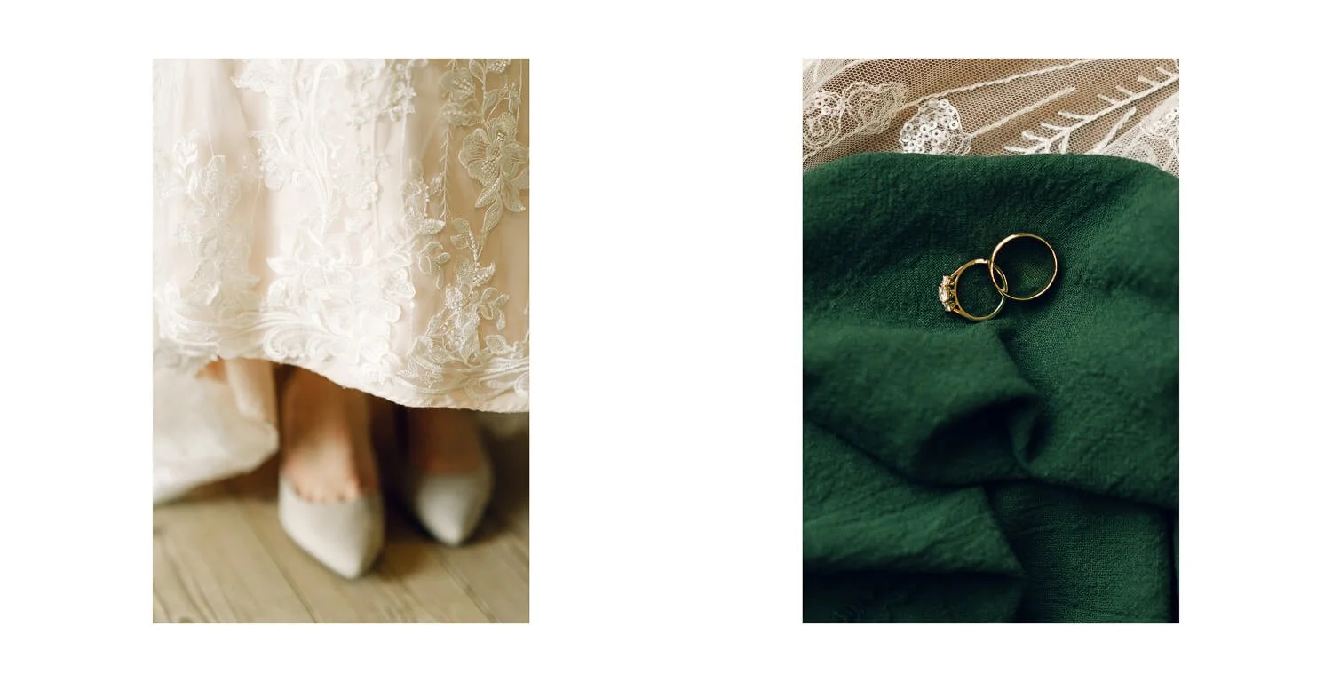 Detailaufnahme von Brautkleid und Schuhen bei einer Hochzeit im Ameron Hotel Schwangau