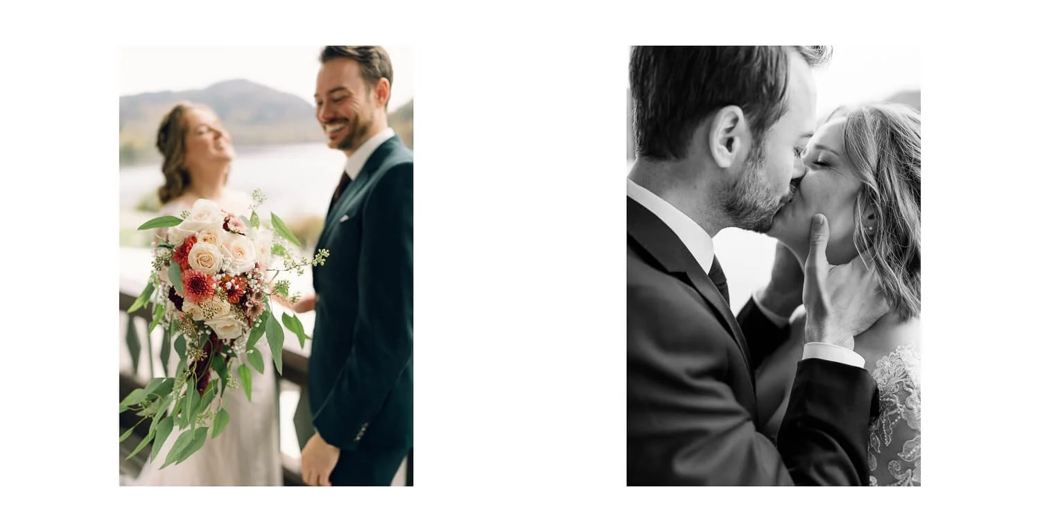 Paarshooting des Brautpaares am Alpsee bei Schwangau, Detailaufnahme mit Brautstrauß und Portraitaufnahme beim Kuss