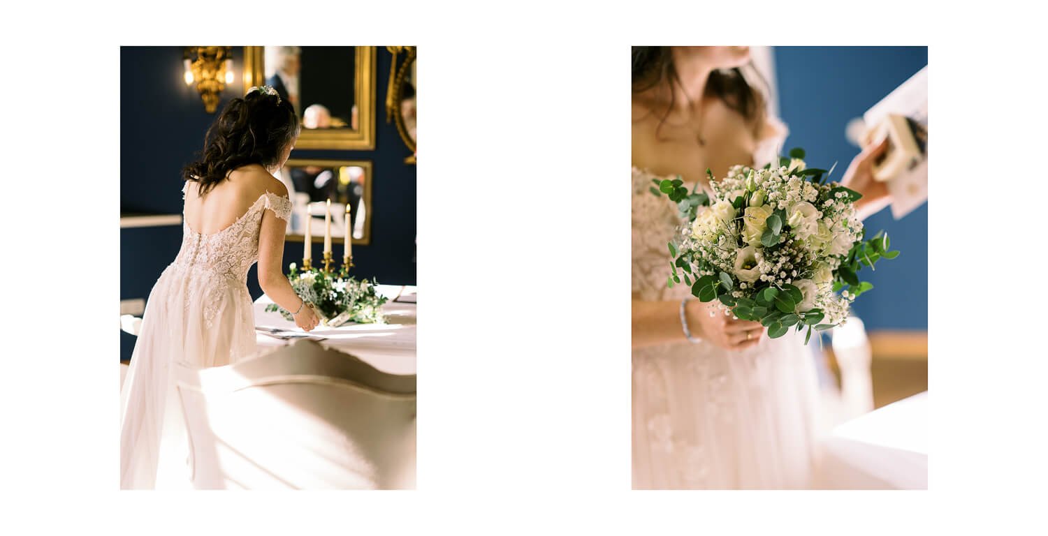Braut bei der standesamtlichen Trauung im Blauen Saal des Königlichen Jagdhauses in Oberstdorf, Detailaufnahme des Brautstraußes