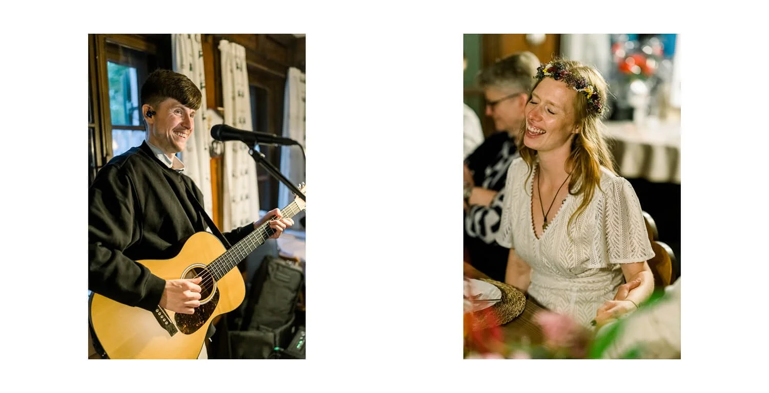 Live-Musiker spielt Gitarre bei der Hochzeitsfeier im Ferienhaus St. Hubertus in Grainau, Braut hört lächelnd zu