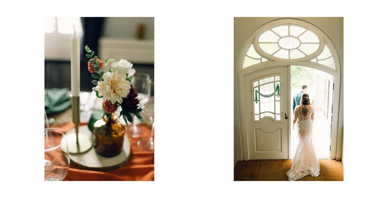 Hochzeitsdetails und Braut im Ameron Hotel Schwangau – Dekoration im Innenraum und die Braut beim Verlassen des Hotelzimmers