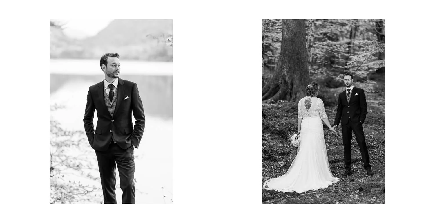 Schwarz-weiß Aufnahmen des Brautpaares beim Paarshooting am Alpsee bei Schwangau, einmal als Einzelportrait und einmal gemeinsam im Wald