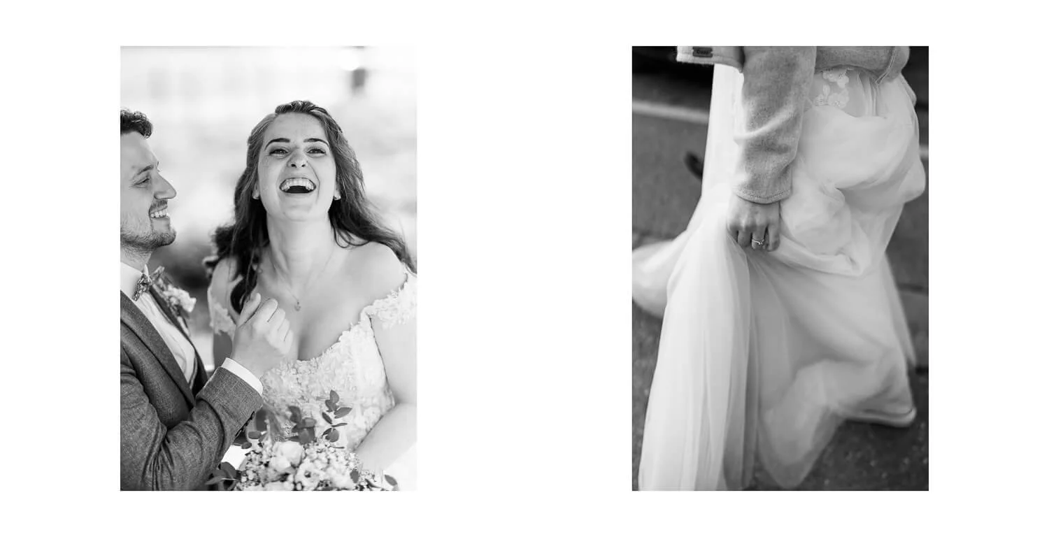 Braut und Bräutigam lachend nach der Trauung im Königlichen Jagdhaus Oberstdorf, Detailaufnahme des Brautkleids