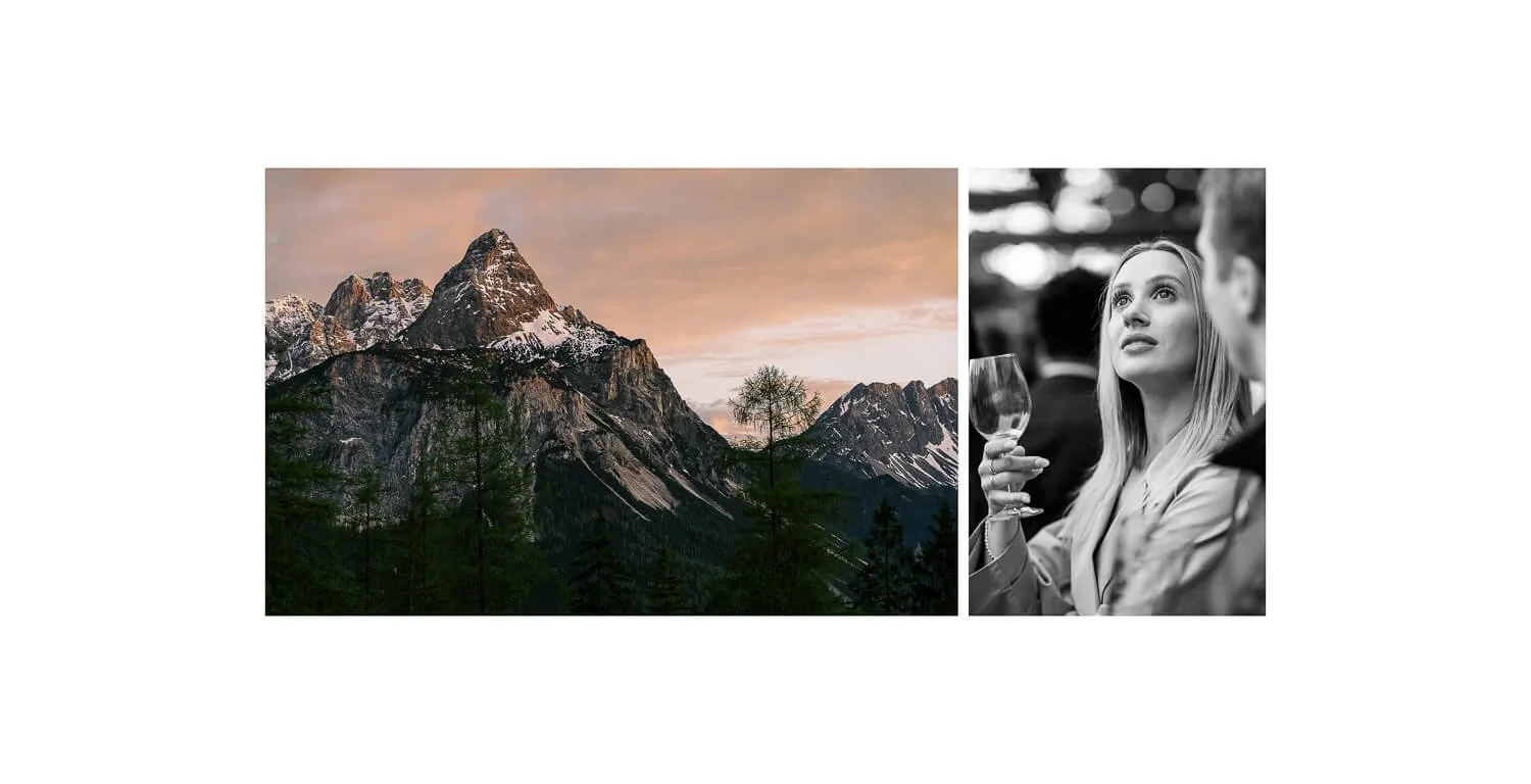 Sonnenuntergang an der Zugspitze bei Ehrwald und Hochzeitsgast während der Feier auf der Gamsalm.