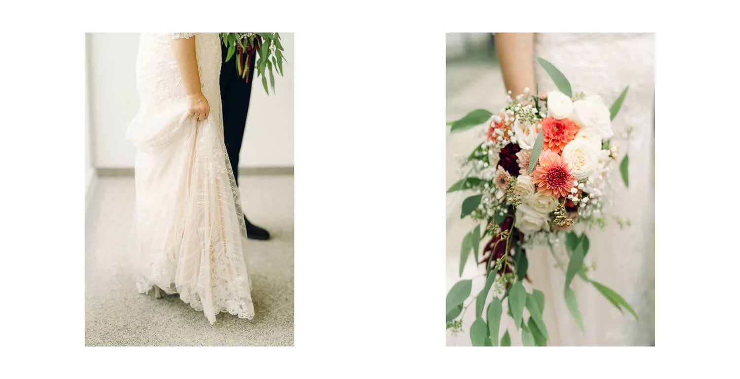 Brautdetails im Ameron Hotel Schwangau mit Brautkleid und Blumenstrauß