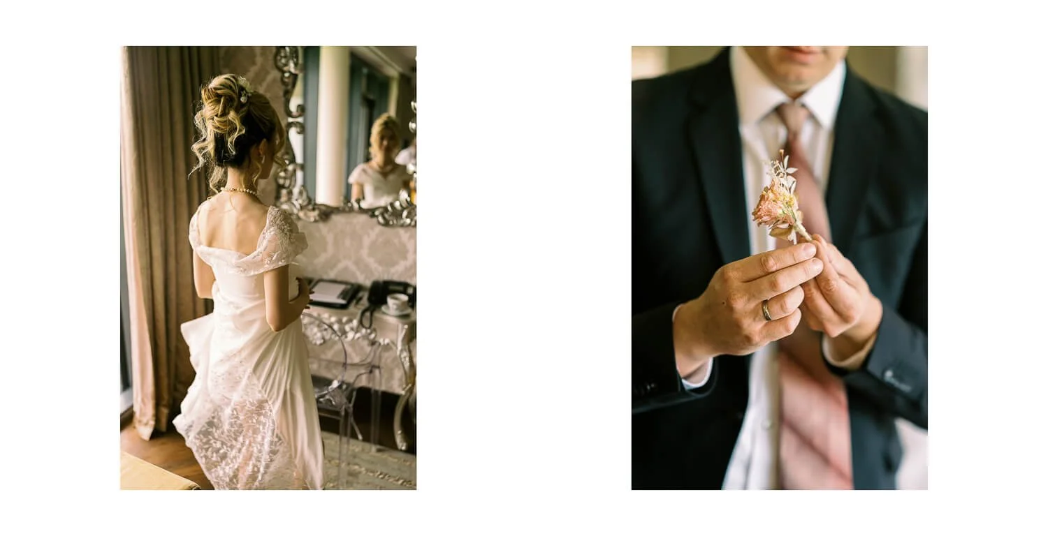 Braut beim Getting Ready im Hotel König Ludwig in Schwangau und Detailaufnahme des Bräutigams mit Ansteckblume