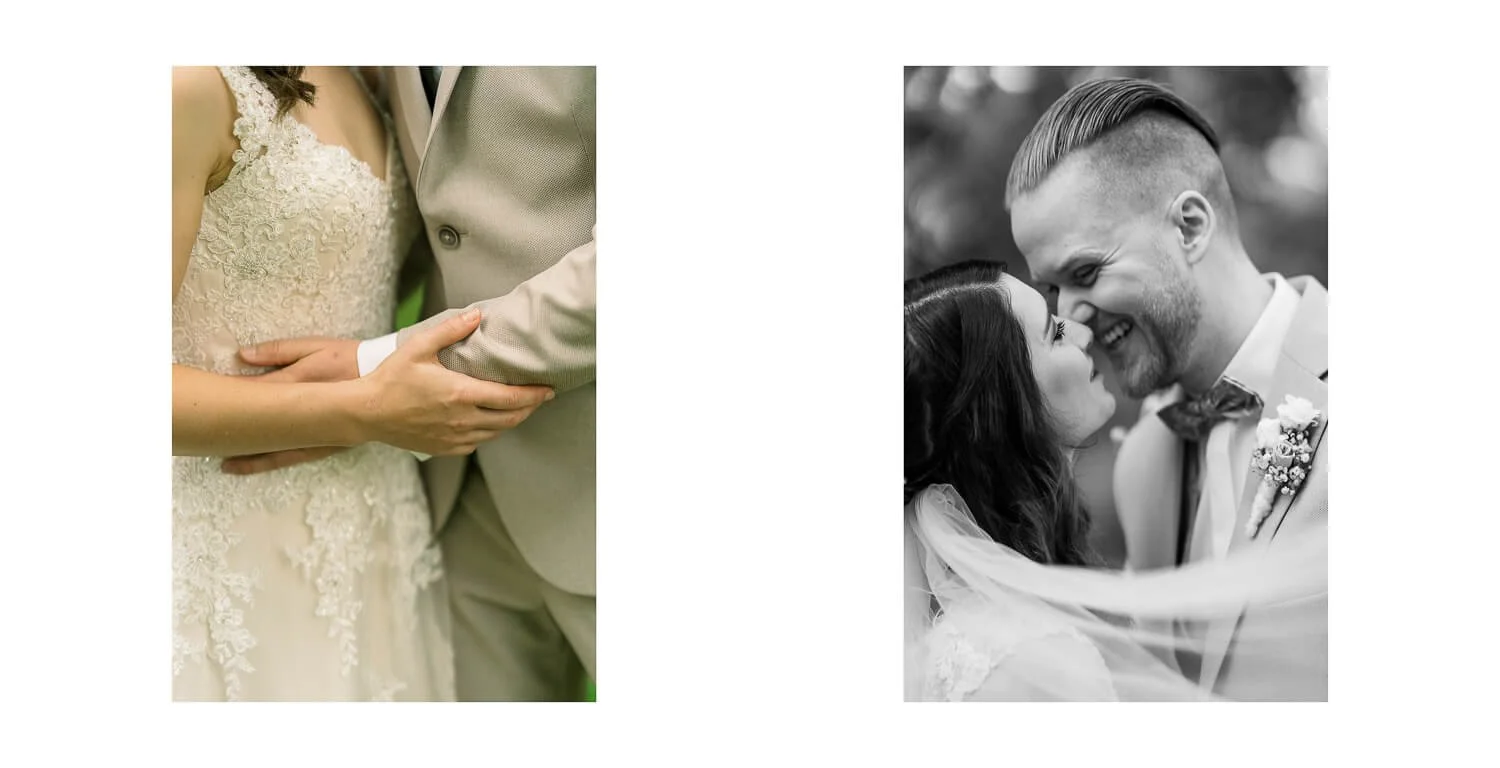 Detailaufnahmen vom Brautpaar bei der kirchlichen Hochzeit im Kloster Irsee: ineinandergelegte Hände am Brautkleid und inniger Moment des Brautpaars in Schwarzweiß, nah und emotional.