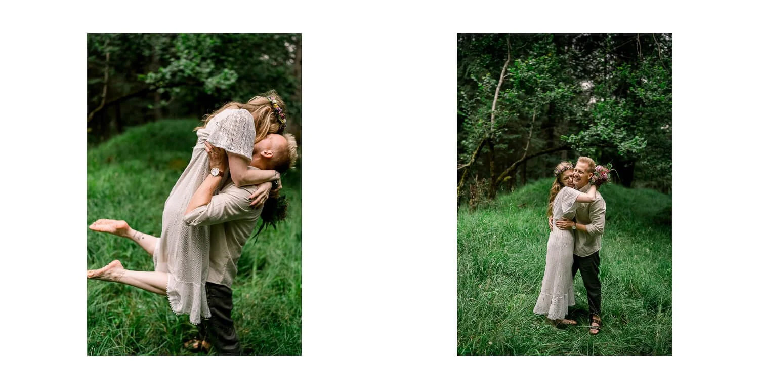 Brautpaar beim Paarfotoshooting im Wald in Grainau, Umarmung zwischen hohen Bäumen