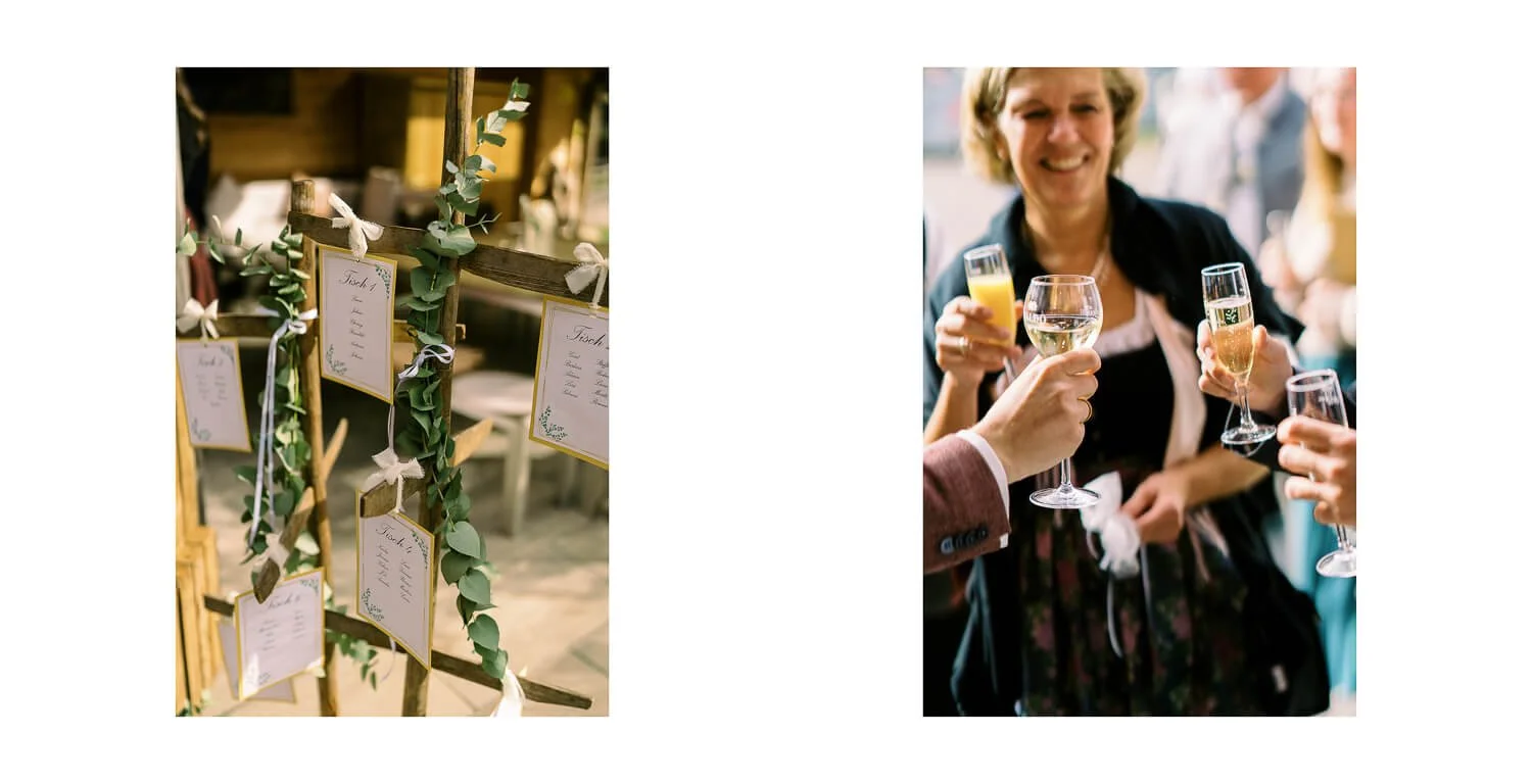 Sektempfang bei der Hochzeitsfeier im Schanzenwirt in Oberstdorf mit Tischplan und anstoßenden Gästen