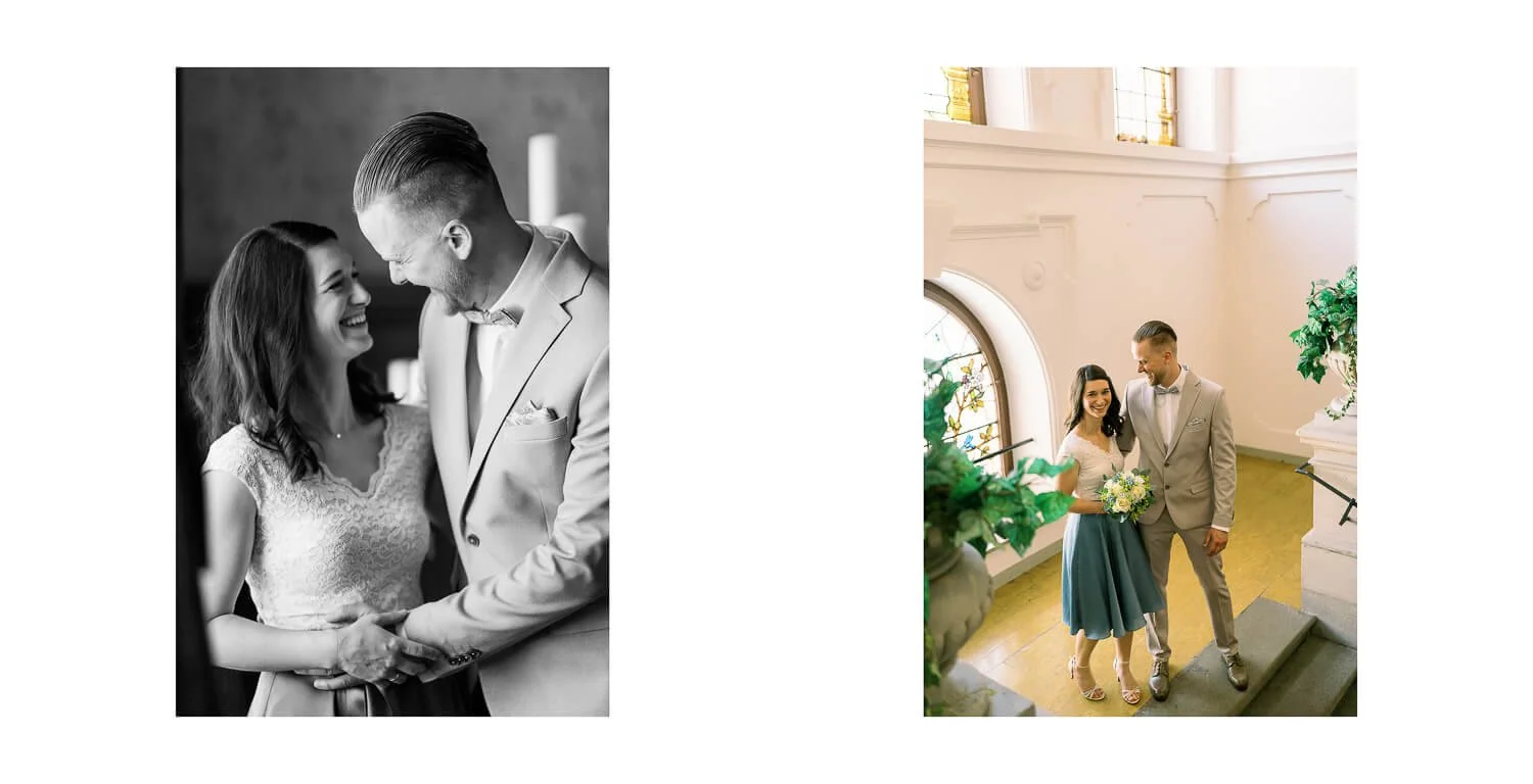 Brautpaar im Rathaus Kaufbeuren nach der standesamtlichen Trauung, Porträt im Trausaal und Szene im Treppenhaus.