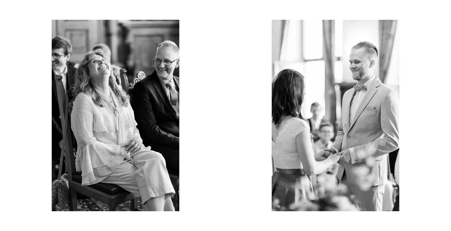 Standesamtliche Trauung im Rathaus Kaufbeuren mit emotionalen Reaktionen der Gäste und Ringtausch des Brautpaares.