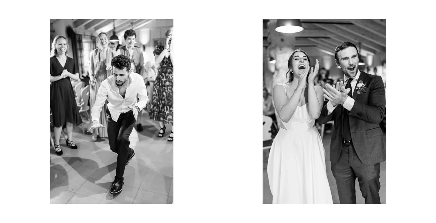 Hochzeitsfeier mit tanzenden Gästen sowie Braut und Bräutigam auf der Gamsalm in Ehrwald.