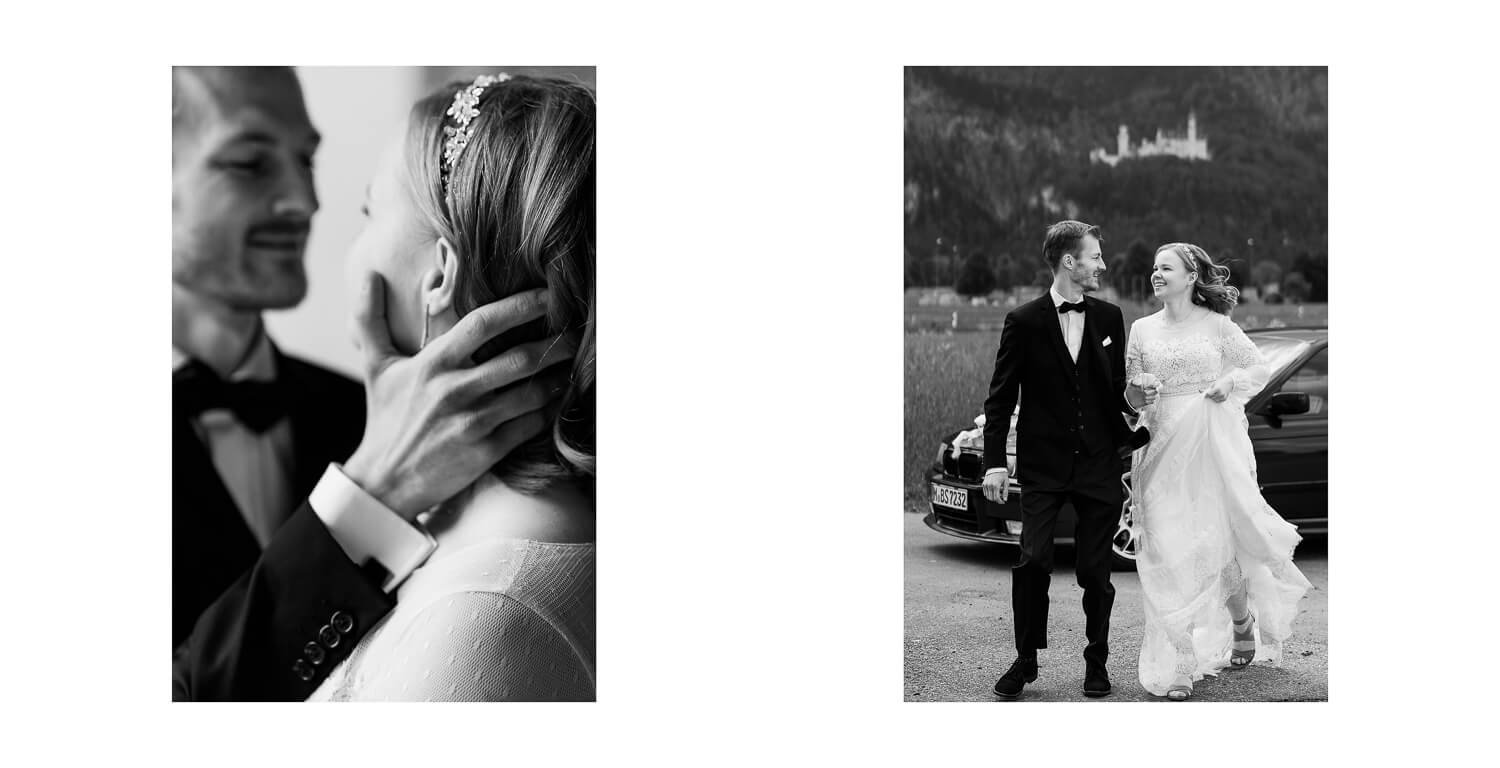 Paarshooting nach der standesamtlichen Trauung in Füssen, innige Nähe auf der Wiese mit Blick auf die Alpen