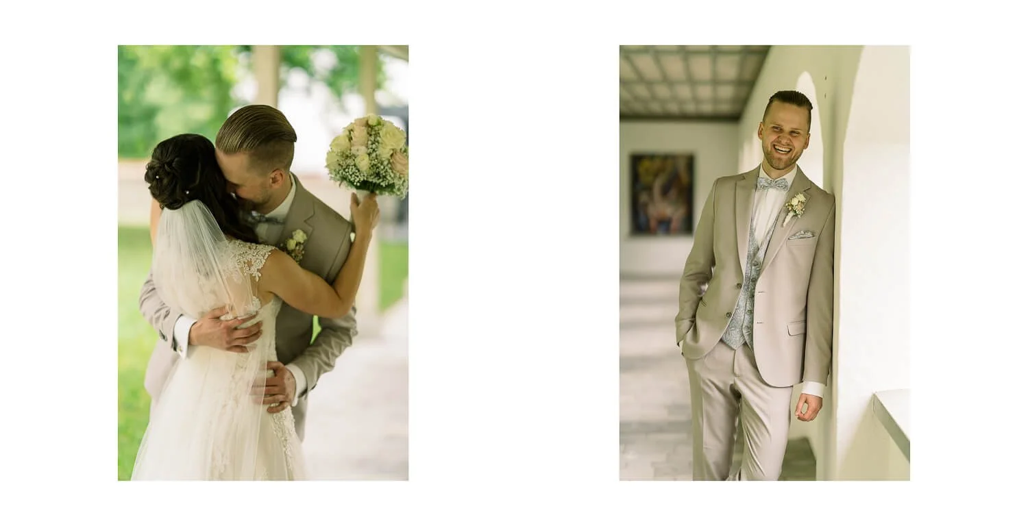 Brautpaar bei der kirchlichen Hochzeit im Kloster Irsee: inniger Kuss im Kreuzgang und Porträt des Bräutigams im hellen Arkadengang.