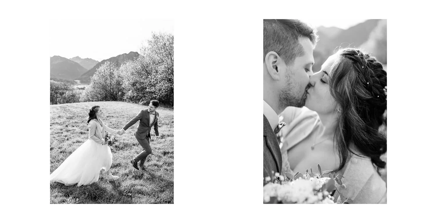 Braut und Bräutigam beim First Look vor der Bergkulisse in Oberstdorf, inniger Moment in Schwarz-Weiß