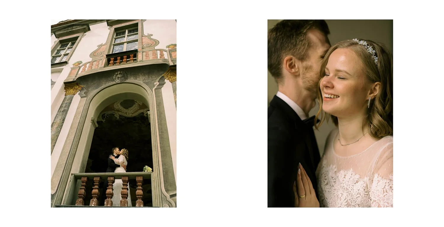 Brautpaar auf dem Balkon des Klosters St. Mang in Füssen, inniger Moment nach der standesamtlichen Trauung im Kaisersaal