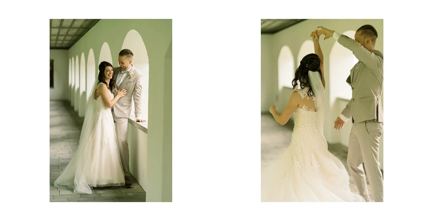 Brautpaar beim Paarshooting im Arkadengang des Klosters Irsee, ruhige und innige Momente während der kirchlichen Hochzeit, natürliches Licht und historische Architektur.
