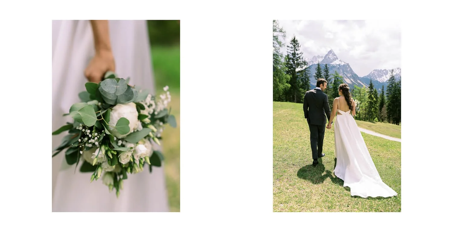 Brautstrauß und Paarshooting bei einer Hochzeit auf der Gamsalm in Ehrwald mit Blick auf die Zugspitze.