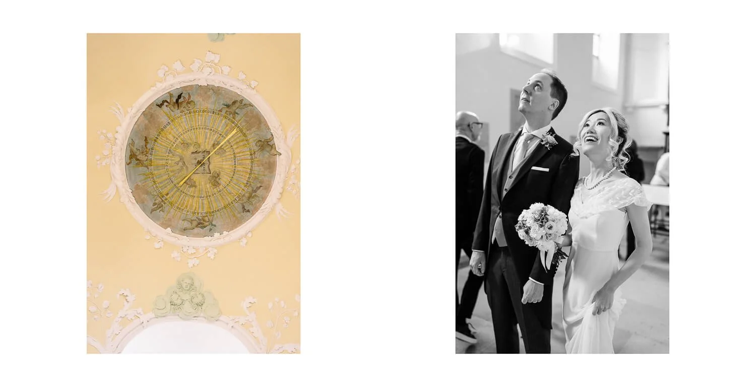 Deckenfresko und Brautpaar bei Paarfotos im Kloster St. Mang in Füssen