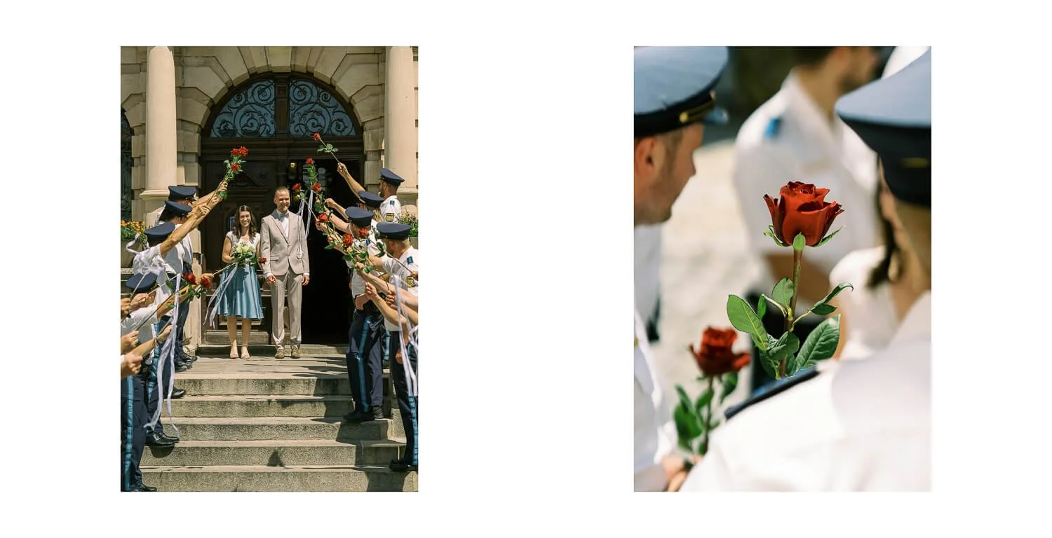 Standesamtliche Hochzeit im Rathaus Kaufbeuren, Auszug des Brautpaars durch ein Rosenspalier und Detail einer roten Rose.