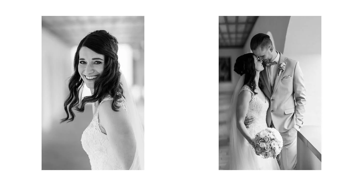 Schwarzweiß-Aufnahmen des Brautpaars bei der kirchlichen Hochzeit im Kloster Irsee: Porträt der Braut im Kreuzgang und inniger Moment des Brautpaars mit Brautstrauß im Arkadengang.