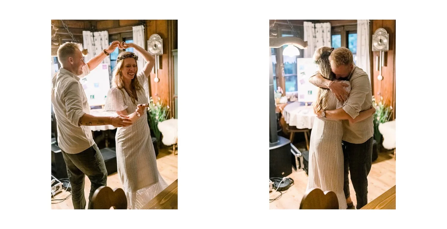 Braut und Bräutigam tanzen und umarmen sich bei der Hochzeitsfeier im Ferienhaus St. Hubertus in Grainau