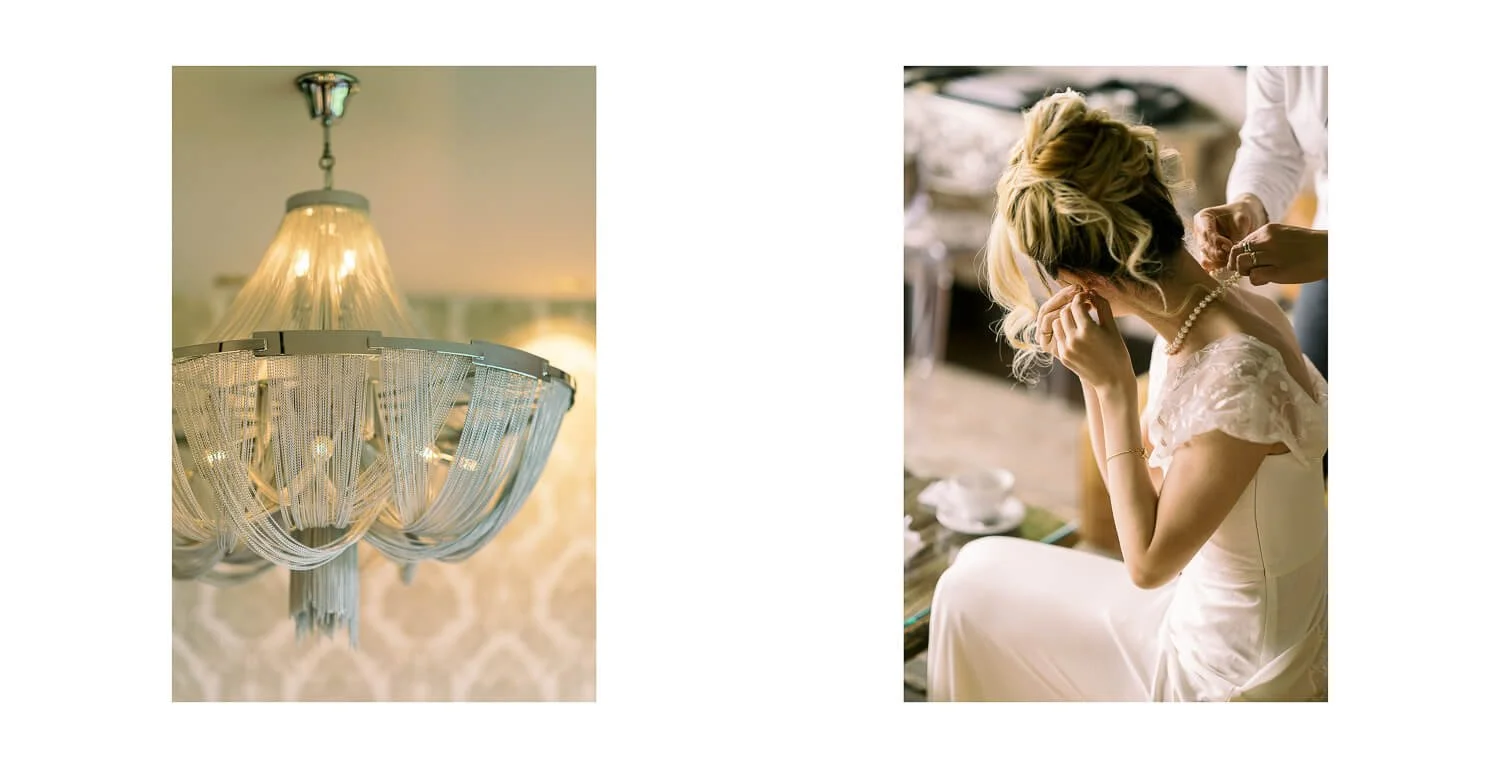 Detailaufnahme eines Kronleuchters und Getting Ready der Braut im Hotel König Ludwig in Schwangau