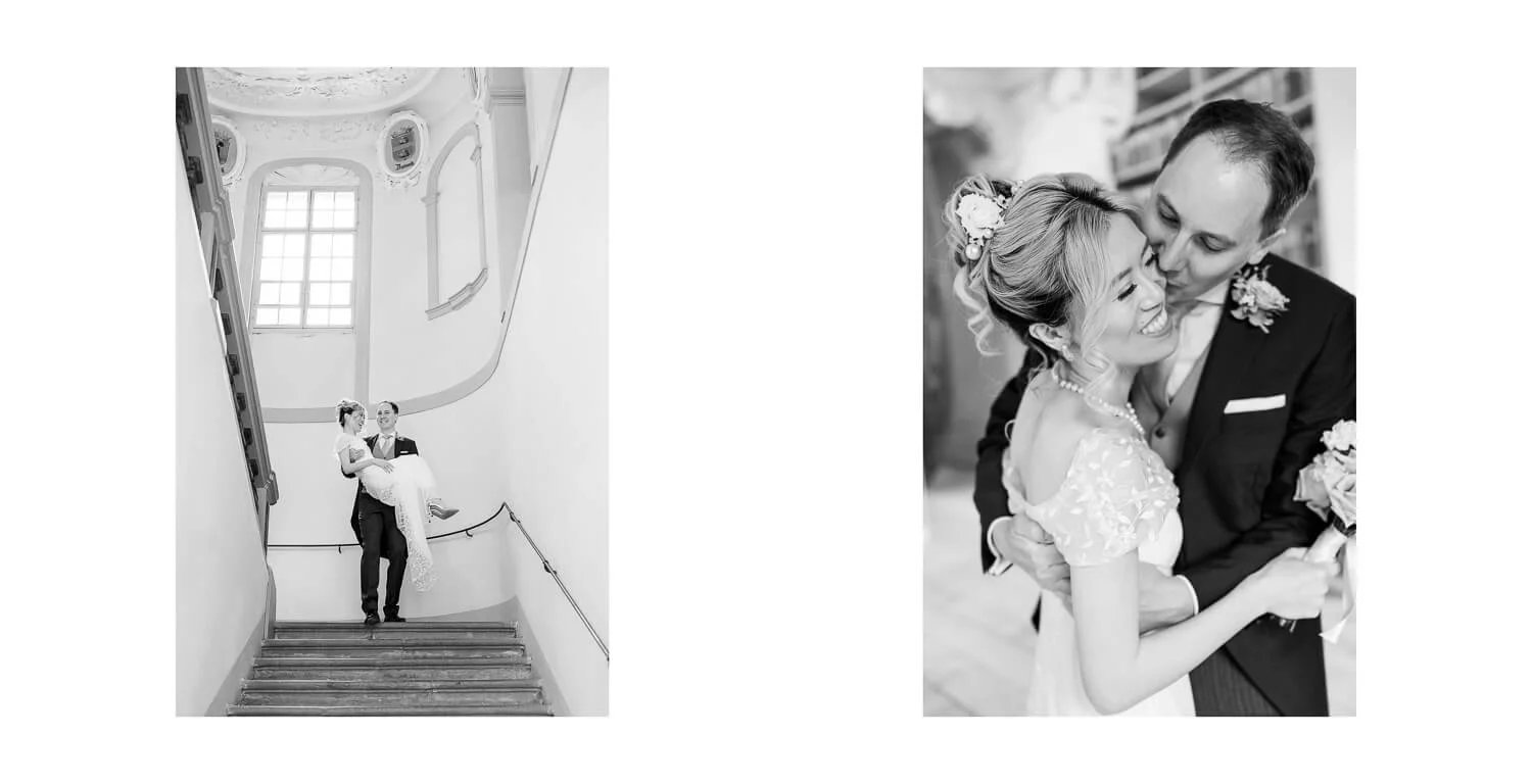 Braut und Bräutigam bei Paarfotos im Treppenhaus und in enger Umarmung im Kloster St. Mang in Füssen