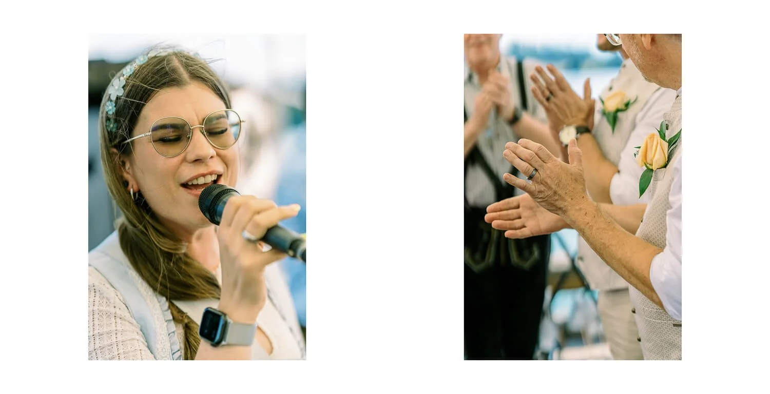 Livegesang und Applaus der Gäste nach der standesamtlichen Trauung auf dem Floß in Lechbruck am See
