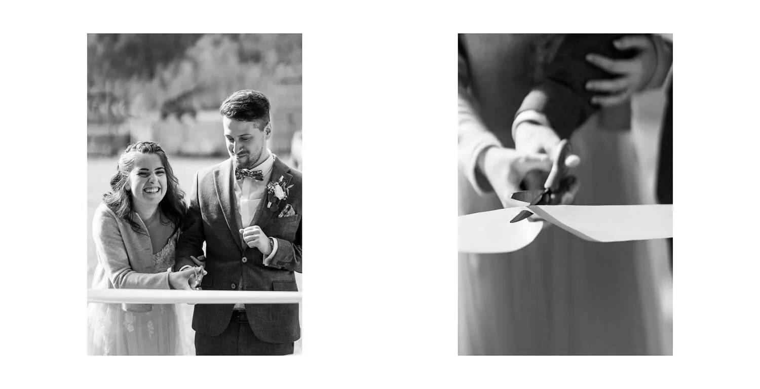 Banddurchschnitt zur Eröffnung der Hochzeitsfeier beim Schanzenwirt in Oberstdorf, Brautpaar schneidet gemeinsam das Band