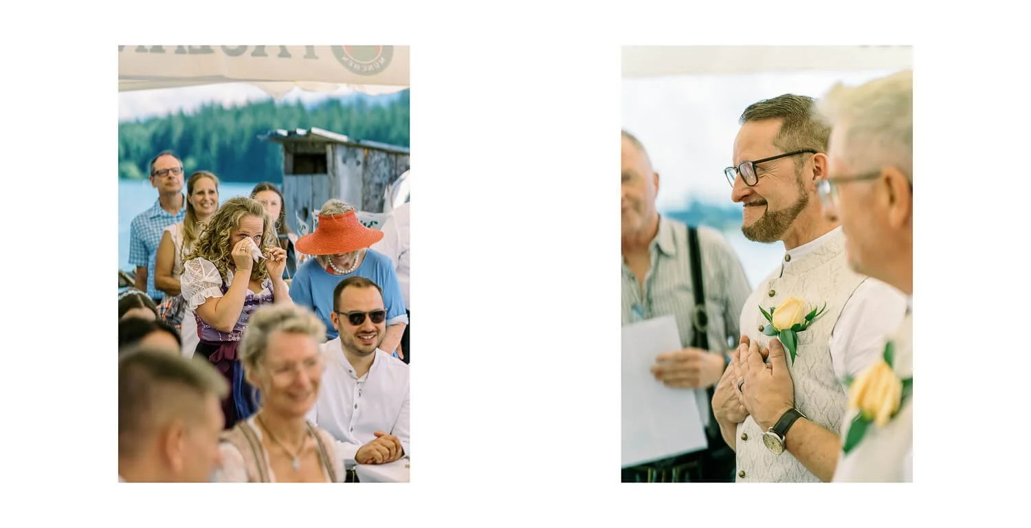 Emotionale Reaktionen der Gäste und persönlicher Moment während der standesamtlichen Trauung auf dem Floß in Lechbruck am See
