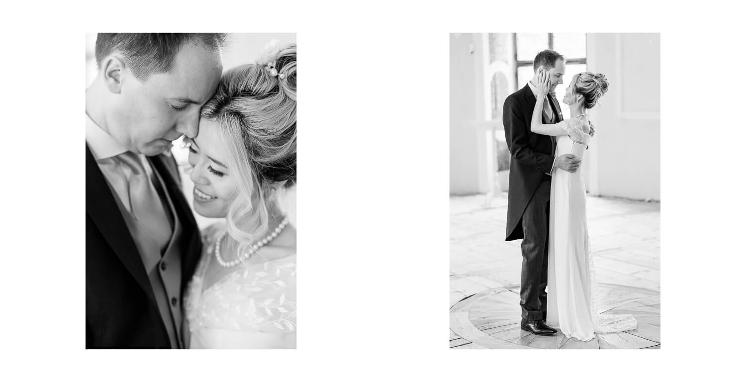 Braut und Bräutigam bei Paarfotos im Kloster St. Mang in Füssen, Nahaufnahme und Ganzkörperaufnahme