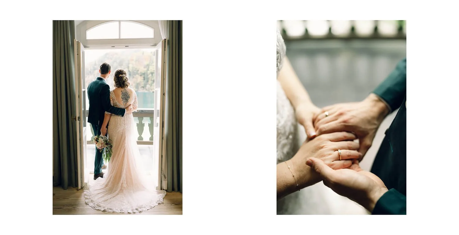 Brautpaar im Hotelzimmer des Ameron Hotels Schwangau mit Blick auf den Alpsee