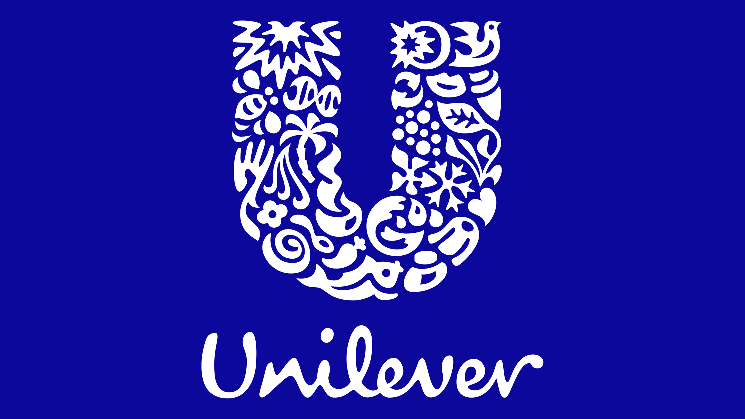 Unilever logo featuring a large letter 'U' composed of various white icons on a blue background.
