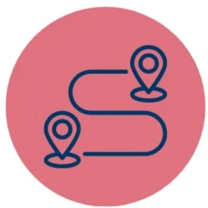 Icon depicting a curved path with two location markers, on a red circle background.