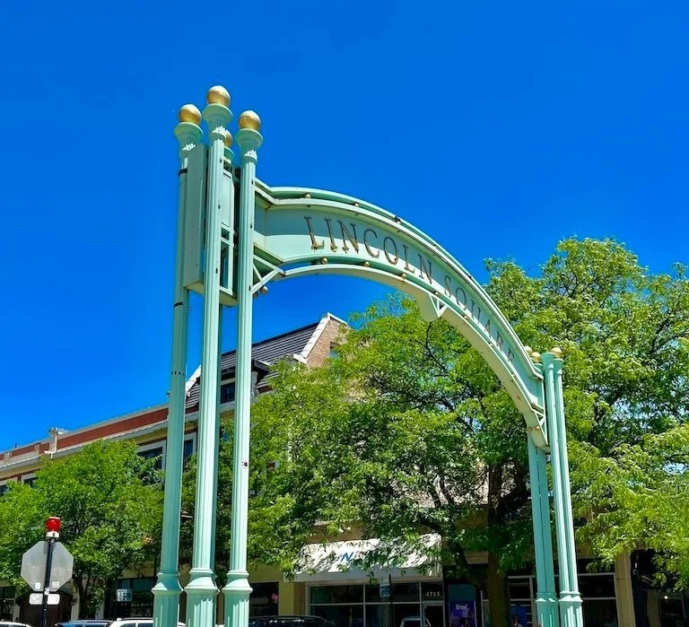 Lincoln Square neighborhood in Chicago, Illinois, showing Lincoln Square Arch