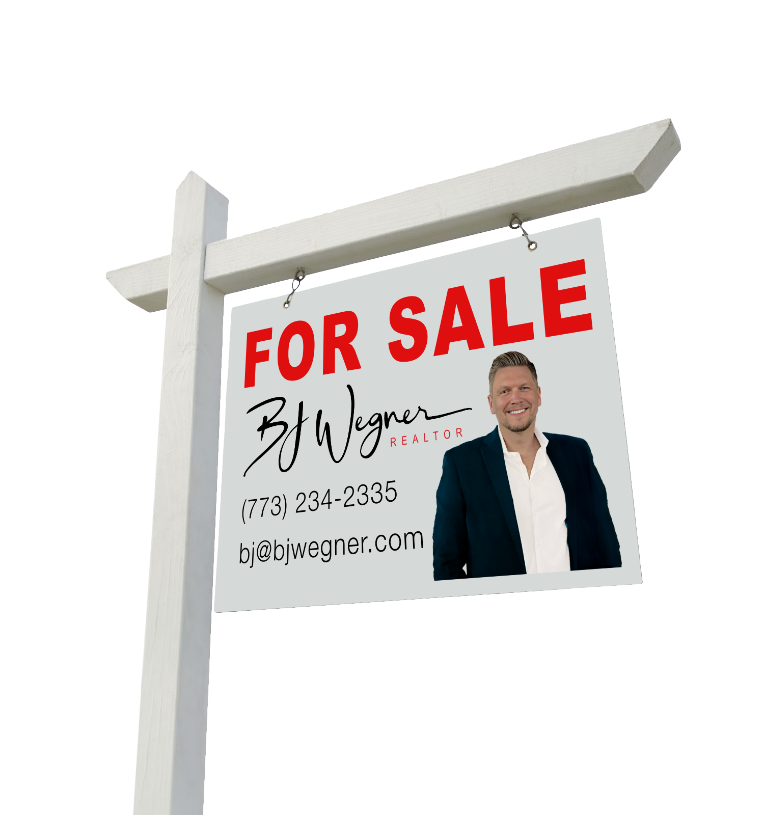 BJ Wegner For Sale sign with portrait and contact information.
