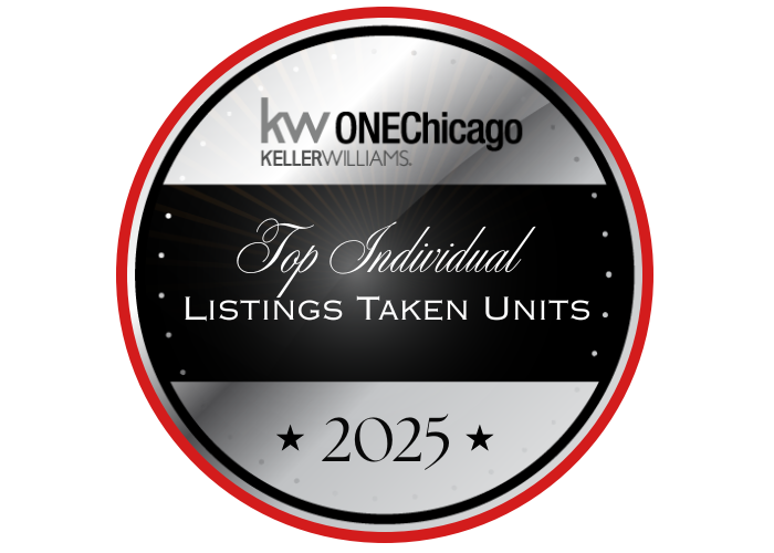 BJ Wegner - A circular award badge from Keller Williams Chicago for top individual real estate agents with listings taken units in 2025.