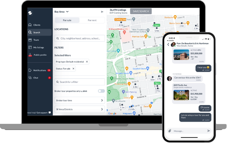 Zenlist property search map and listings displayed on a laptop and smartphone.