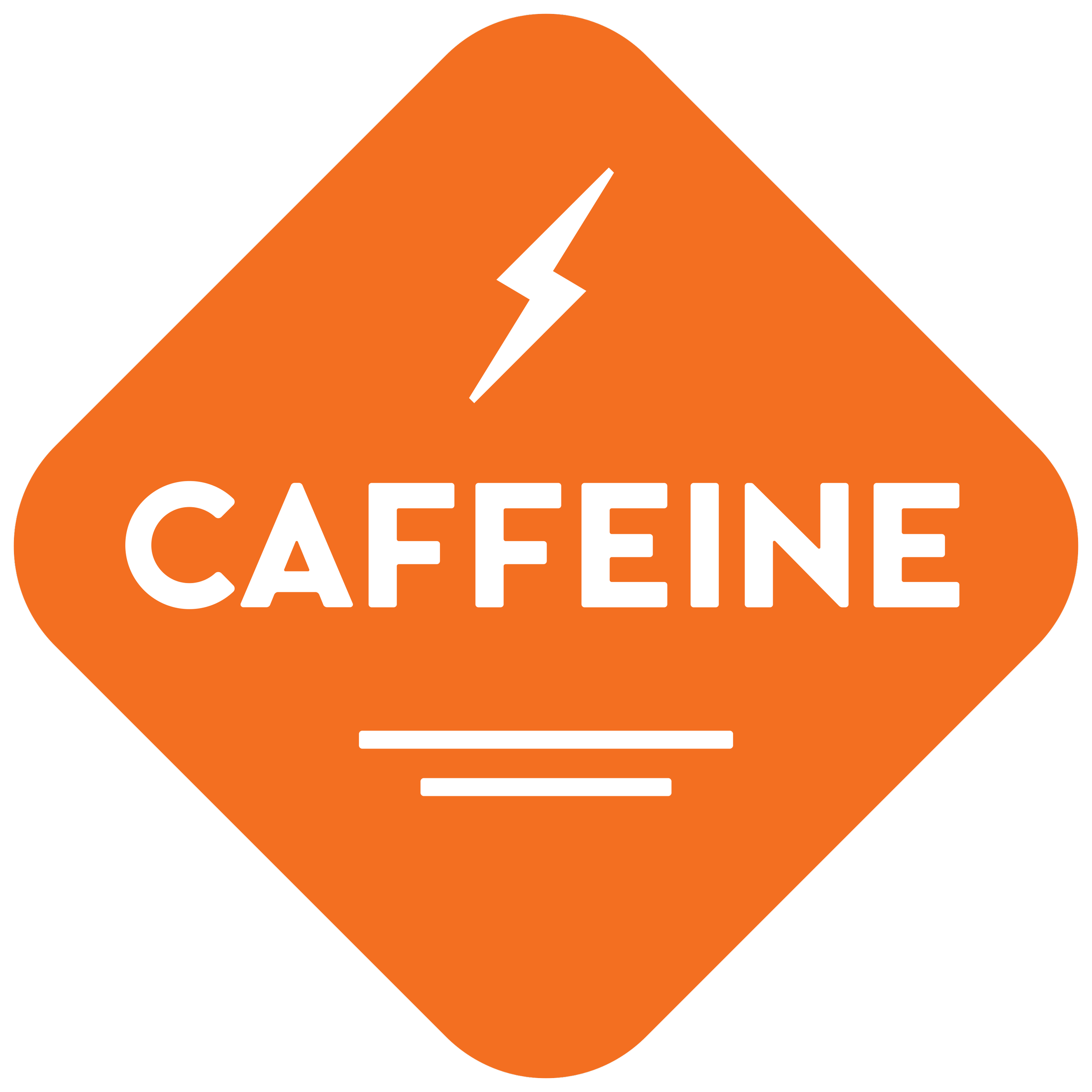Caffeine warning sign with a lightning bolt symbol and orange background.