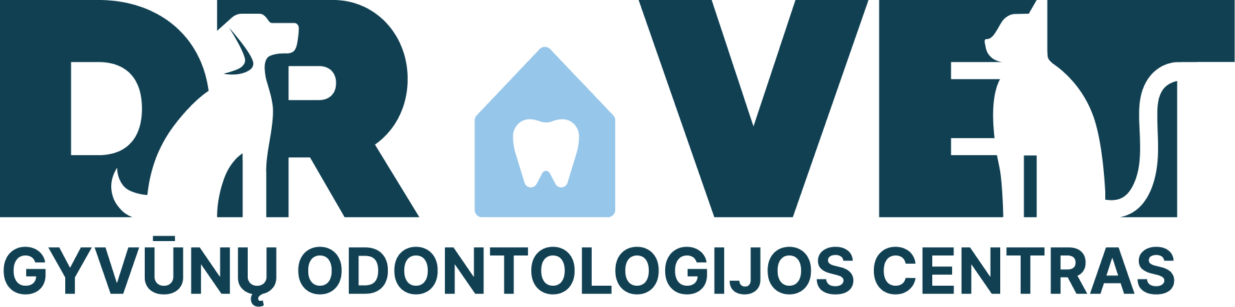 Logo for Dental Care Gyvūnų Odontologijos Centras, featuring the word 'DROVEC' with a dog silhouette and a tooth icon integrated into the letter 'O', with Lithuanian text below.