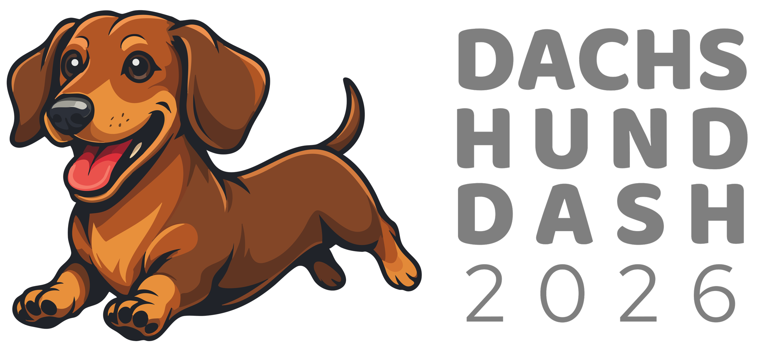 Cute cartoon illustration of a brown dachshund dog with a happy expression and its tongue out, next to the text 'DACHSHUND DASH 2026' in gray letters.