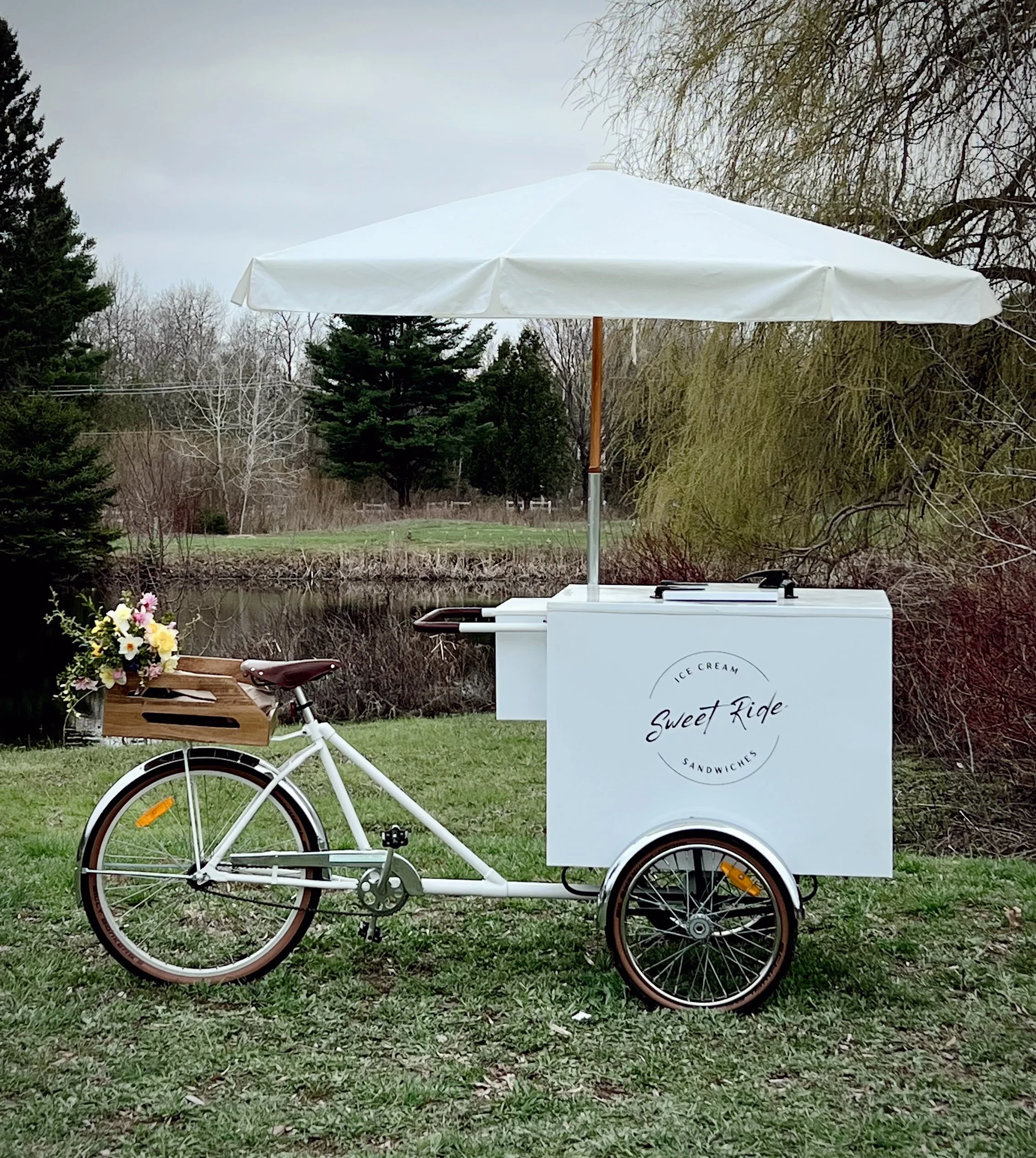 Antique White Umbrella with Rear Basket

