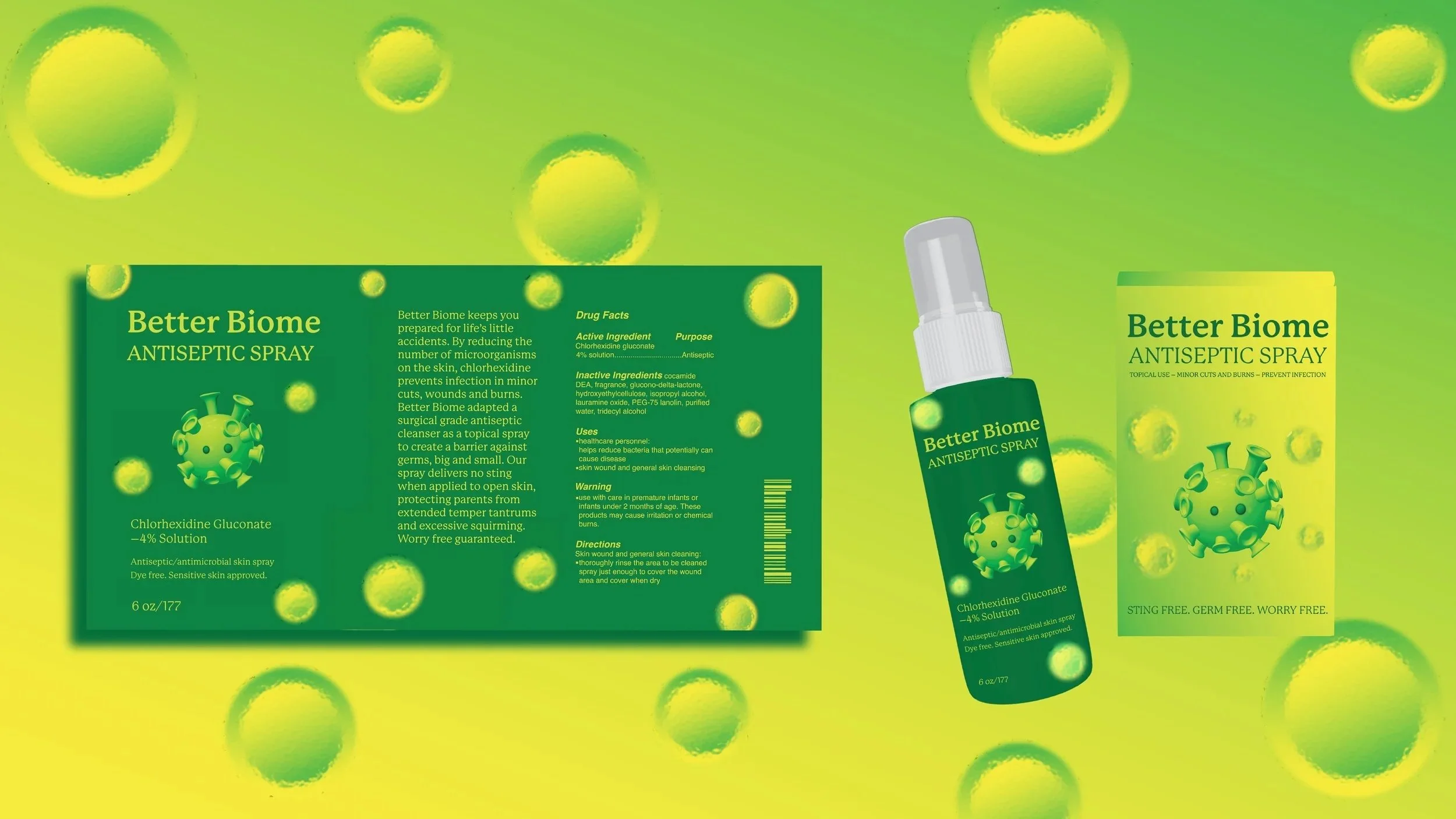Antiseptic spray concept designed to make wound care more approachable for children and caregivers. The branding focuses on clarity, safety, and ease of use, balancing clinical credibility with a more reassuring, accessible experience.